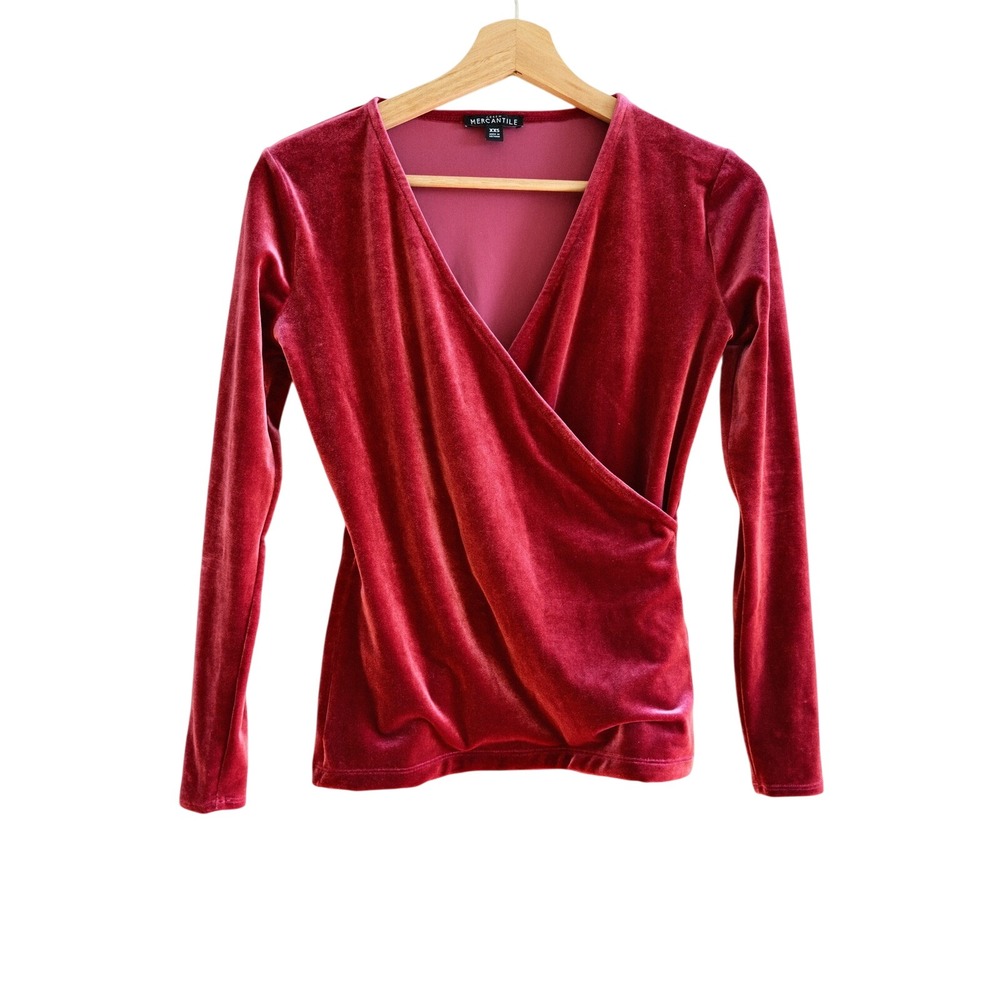 J.Crew Mercantile Velvet Wrap Blouse XXS Wine Red‎ V-Neck Whimsigoth Holiday Top